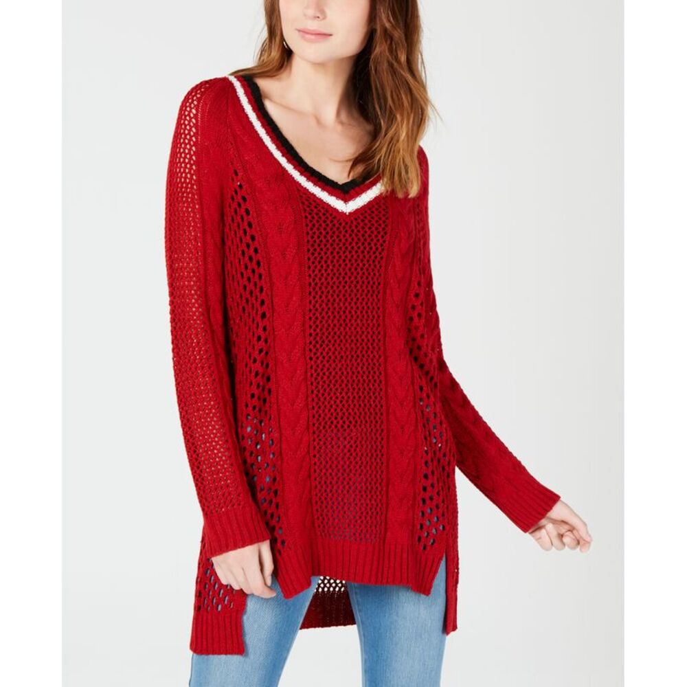 Ultra Flirt By Ikeddi Juniors Pointelle Varsity Tunic Sweater